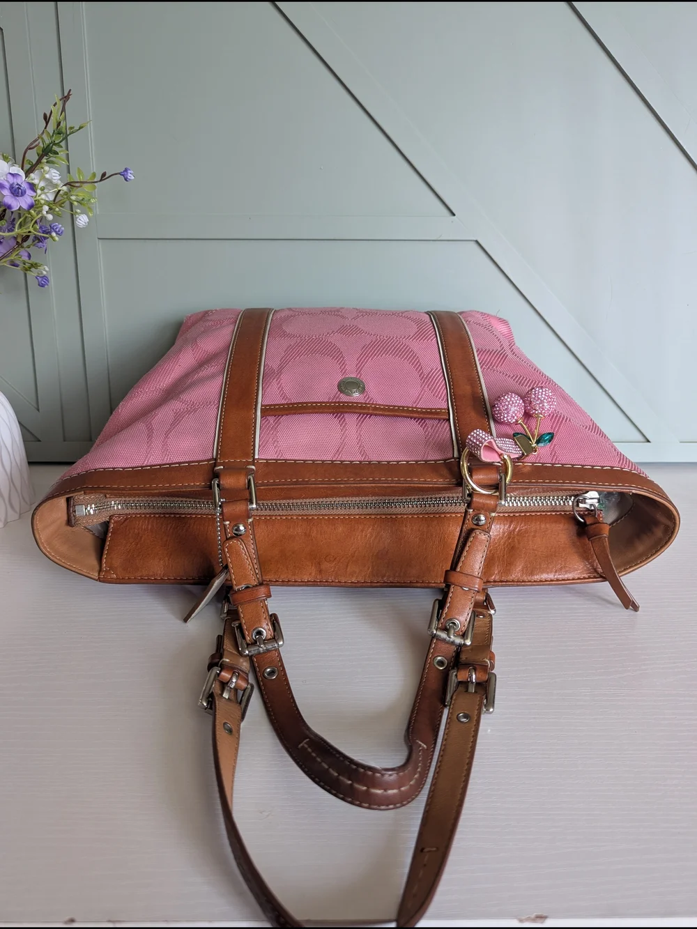 Coach Pink Canvas Tote with Brown Leather Trim